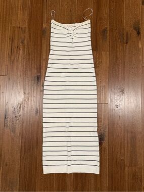 Strapless Striped Knit Midi Dress in White and Black